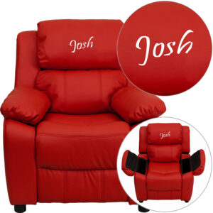 Wholesale Personalized Deluxe Padded Red Vinyl Kids Recliner with Storage Arms
