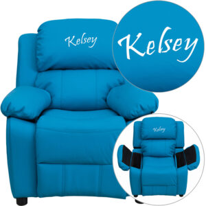 Wholesale Personalized Deluxe Padded Turquoise Vinyl Kids Recliner with Storage Arms