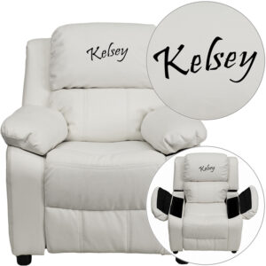 Wholesale Personalized Deluxe Padded White Vinyl Kids Recliner with Storage Arms