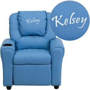 Wholesale Personalized Light Blue Vinyl Kids Recliner with Cup Holder and Headrest