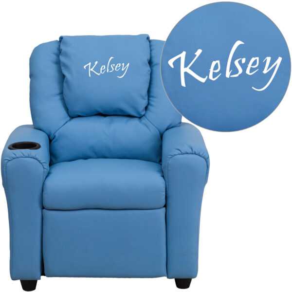 Wholesale Personalized Light Blue Vinyl Kids Recliner with Cup Holder and Headrest