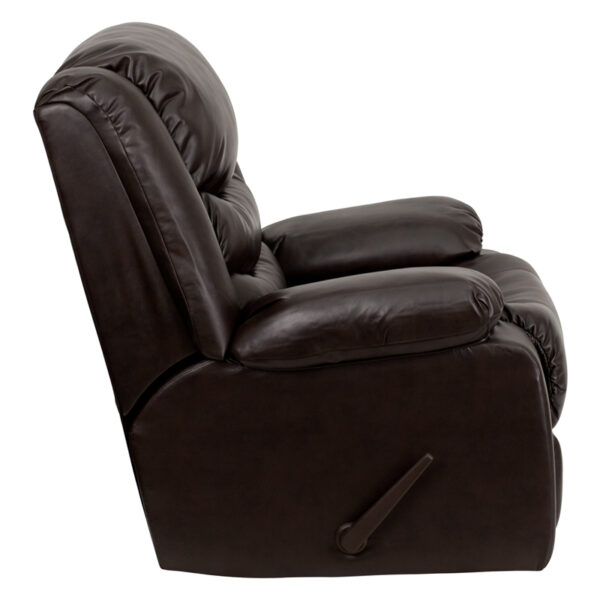 Lowest Price Plush Brown Leather Lever Rocker Recliner with Padded Arms