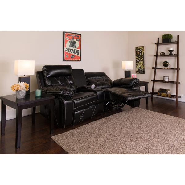 Lowest Price Reel Comfort Series 2-Seat Reclining Black Leather Theater Seating Unit with Curved Cup Holders