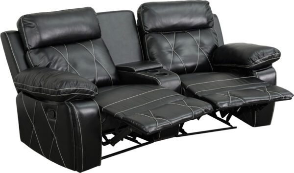 Wholesale Reel Comfort Series 2-Seat Reclining Black Leather Theater Seating Unit with Curved Cup Holders