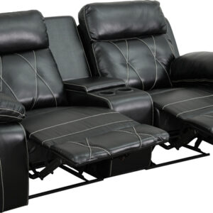 Wholesale Reel Comfort Series 2-Seat Reclining Black Leather Theater Seating Unit with Straight Cup Holders