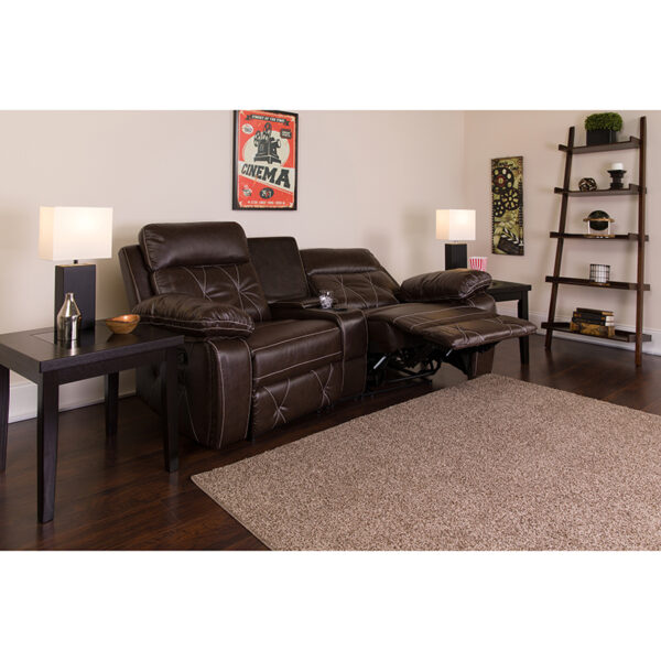 Lowest Price Reel Comfort Series 2-Seat Reclining Brown Leather Theater Seating Unit with Curved Cup Holders
