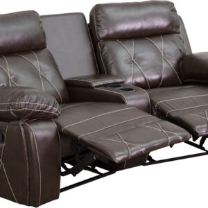 Wholesale Reel Comfort Series 2-Seat Reclining Brown Leather Theater Seating Unit with Curved Cup Holders