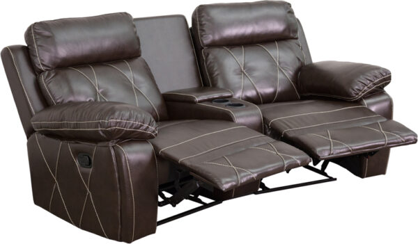 Wholesale Reel Comfort Series 2-Seat Reclining Brown Leather Theater Seating Unit with Curved Cup Holders
