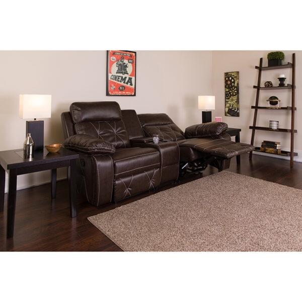Lowest Price Reel Comfort Series 2-Seat Reclining Brown Leather Theater Seating Unit with Straight Cup Holders