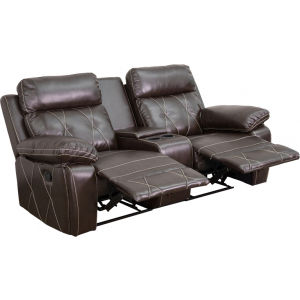 Wholesale Reel Comfort Series 2-Seat Reclining Brown Leather Theater Seating Unit with Straight Cup Holders
