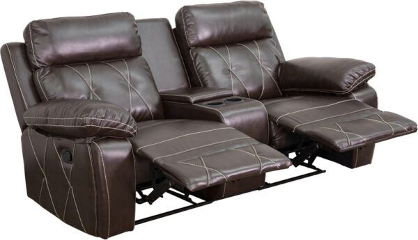 Wholesale Reel Comfort Series 2-Seat Reclining Brown Leather Theater Seating Unit with Straight Cup Holders