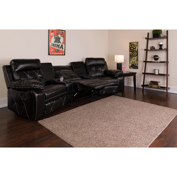 Lowest Price Reel Comfort Series 3-Seat Reclining Black Leather Theater Seating Unit with Curved Cup Holders
