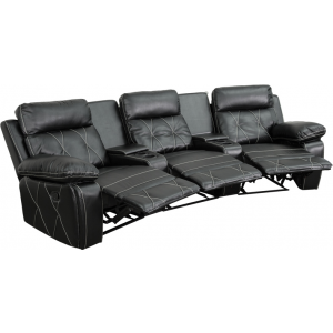 Wholesale Reel Comfort Series 3-Seat Reclining Black Leather Theater Seating Unit with Curved Cup Holders