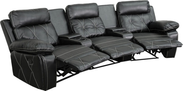 Wholesale Reel Comfort Series 3-Seat Reclining Black Leather Theater Seating Unit with Curved Cup Holders