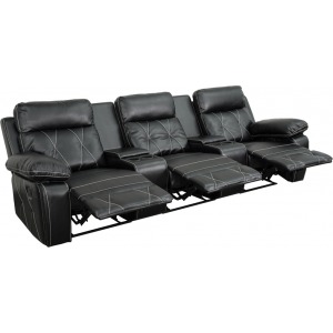 Wholesale Reel Comfort Series 3-Seat Reclining Black Leather Theater Seating Unit with Straight Cup Holders