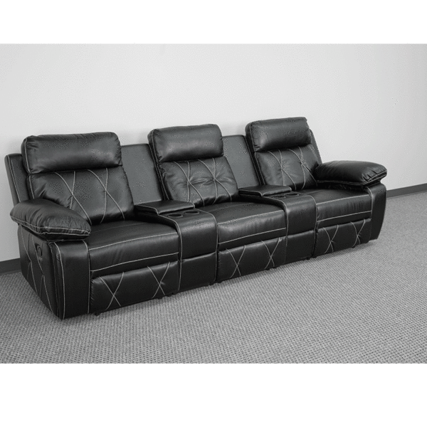 Contemporary Theater Seating Black Leather Theater - 3 Seat
