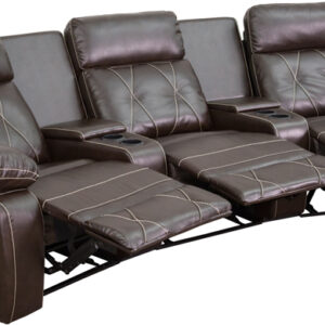 Wholesale Reel Comfort Series 3-Seat Reclining Brown Leather Theater Seating Unit with Curved Cup Holders