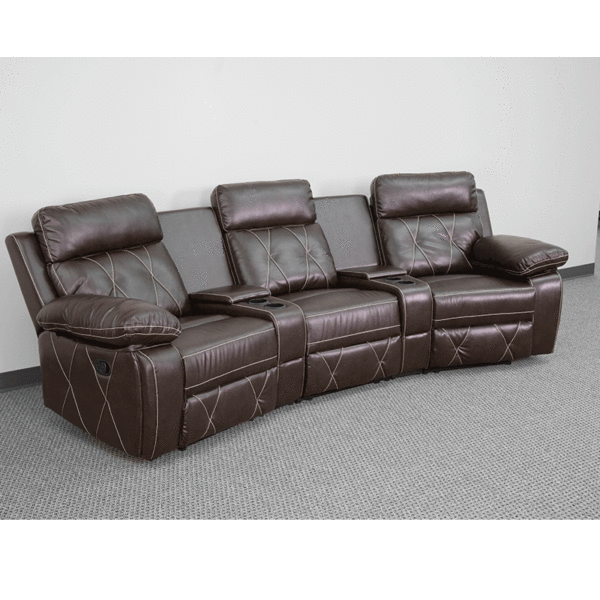 Contemporary Theater Seating Brown Leather Theater - 3 Seat