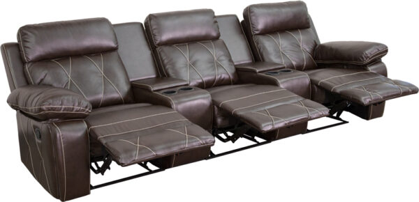 Wholesale Reel Comfort Series 3-Seat Reclining Brown Leather Theater Seating Unit with Straight Cup Holders