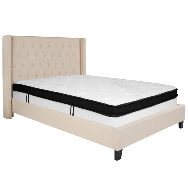 Lowest Price Riverdale Full Size Tufted Upholstered Platform Bed in Beige Fabric with Memory Foam Mattress