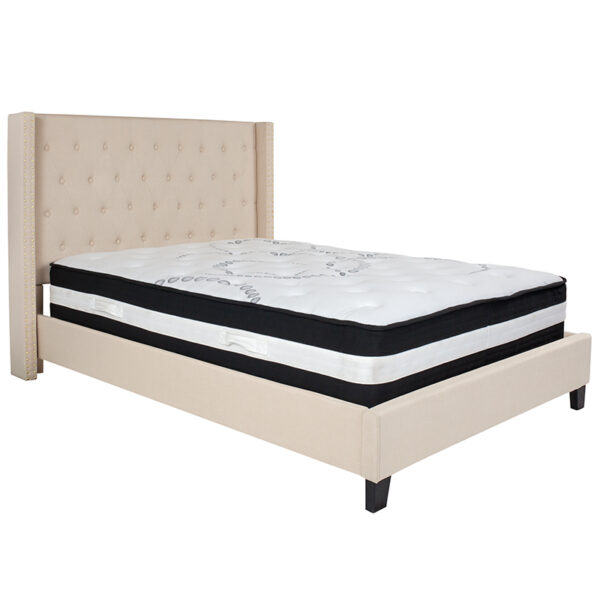 Lowest Price Riverdale Full Size Tufted Upholstered Platform Bed in Beige Fabric with Pocket Spring Mattress