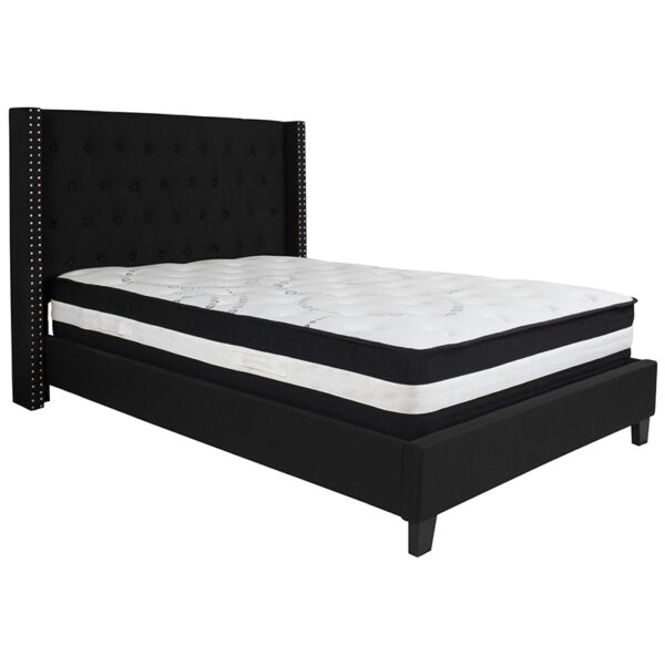 Lowest Price Riverdale Full Size Tufted Upholstered Platform Bed in Black Fabric with Pocket Spring Mattress