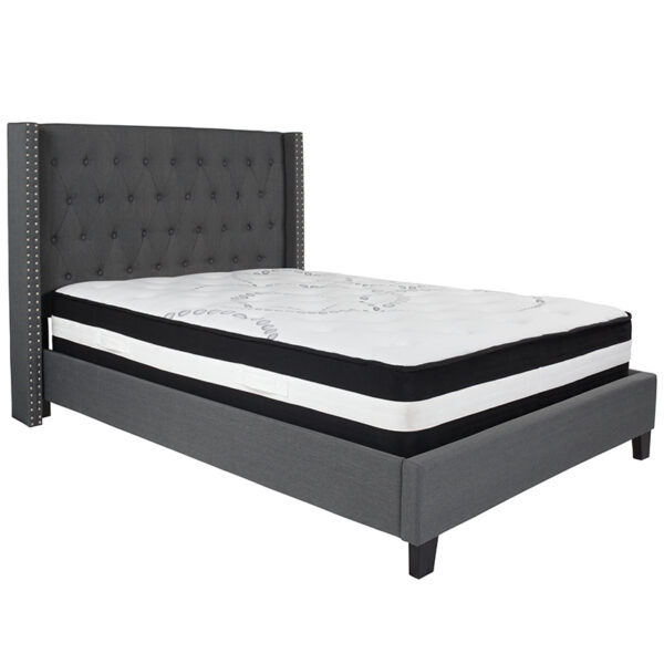 Lowest Price Riverdale Full Size Tufted Upholstered Platform Bed in Dark Gray Fabric with Pocket Spring Mattress