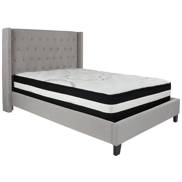 Lowest Price Riverdale Full Size Tufted Upholstered Platform Bed in Light Gray Fabric with Pocket Spring Mattress