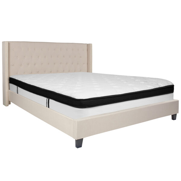 Lowest Price Riverdale King Size Tufted Upholstered Platform Bed in Beige Fabric with Memory Foam Mattress