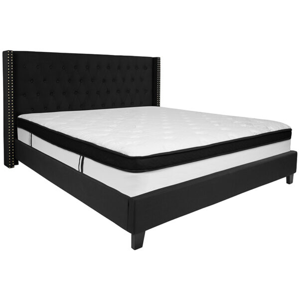 Lowest Price Riverdale King Size Tufted Upholstered Platform Bed in Black Fabric with Memory Foam Mattress