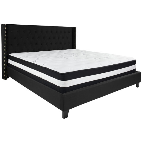 Lowest Price Riverdale King Size Tufted Upholstered Platform Bed in Black Fabric with Pocket Spring Mattress