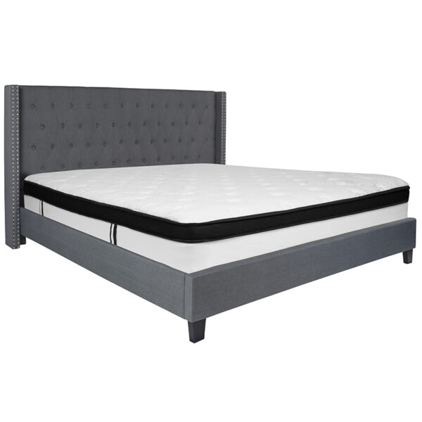 Lowest Price Riverdale King Size Tufted Upholstered Platform Bed in Dark Gray Fabric with Memory Foam Mattress