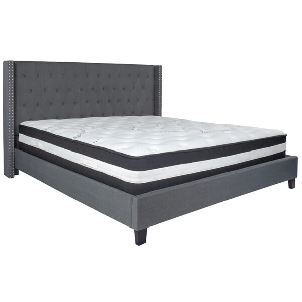 Lowest Price Riverdale King Size Tufted Upholstered Platform Bed in Dark Gray Fabric with Pocket Spring Mattress