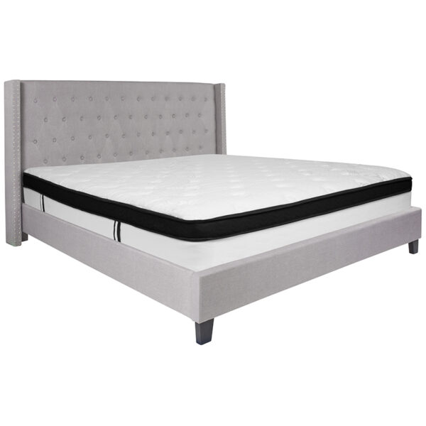 Lowest Price Riverdale King Size Tufted Upholstered Platform Bed in Light Gray Fabric with Memory Foam Mattress