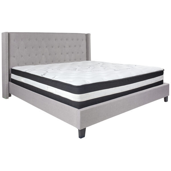 Lowest Price Riverdale King Size Tufted Upholstered Platform Bed in Light Gray Fabric with Pocket Spring Mattress