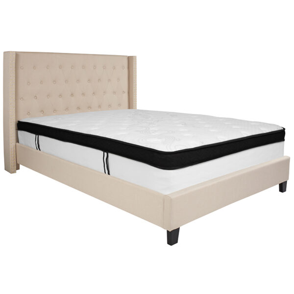 Lowest Price Riverdale Queen Size Tufted Upholstered Platform Bed in Beige Fabric with Memory Foam Mattress