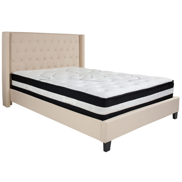 Lowest Price Riverdale Queen Size Tufted Upholstered Platform Bed in Beige Fabric with Pocket Spring Mattress