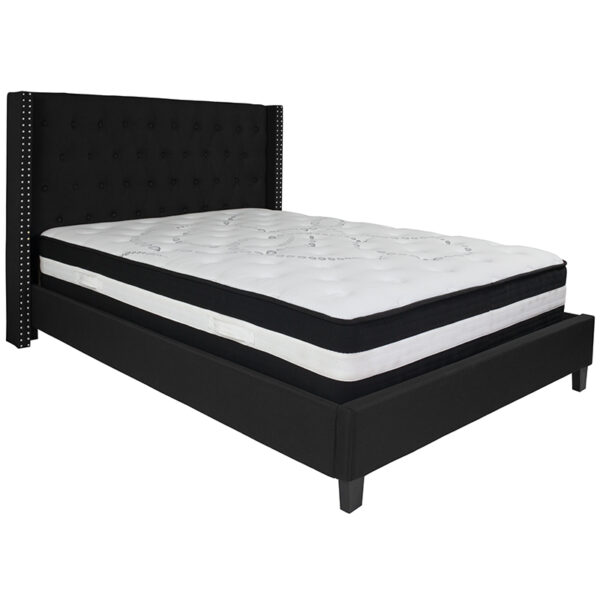Lowest Price Riverdale Queen Size Tufted Upholstered Platform Bed in Black Fabric with Pocket Spring Mattress