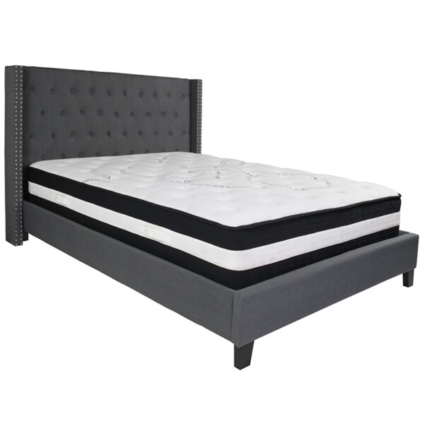 Lowest Price Riverdale Queen Size Tufted Upholstered Platform Bed in Dark Gray Fabric with Pocket Spring Mattress