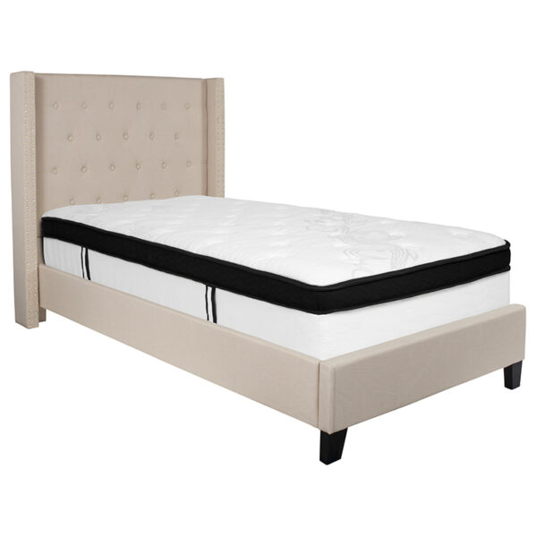Lowest Price Riverdale Twin Size Tufted Upholstered Platform Bed in Beige Fabric with Memory Foam Mattress