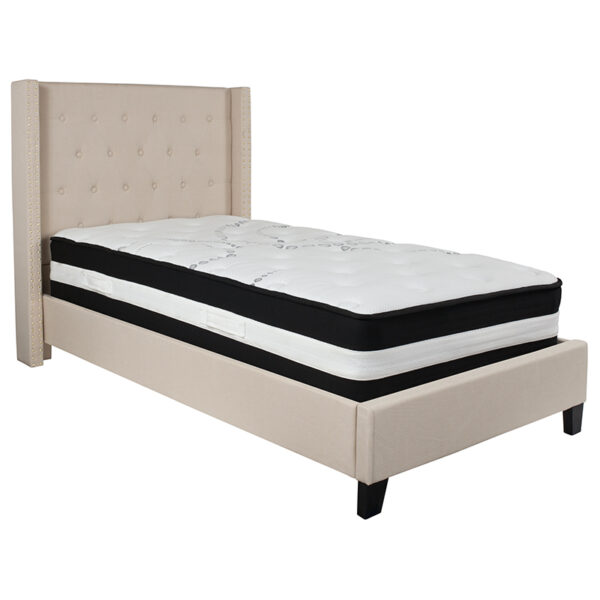 Lowest Price Riverdale Twin Size Tufted Upholstered Platform Bed in Beige Fabric with Pocket Spring Mattress