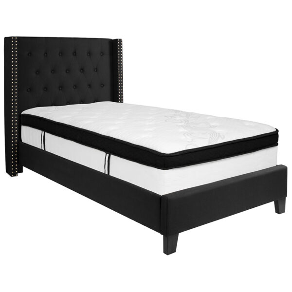 Lowest Price Riverdale Twin Size Tufted Upholstered Platform Bed in Black Fabric with Memory Foam Mattress