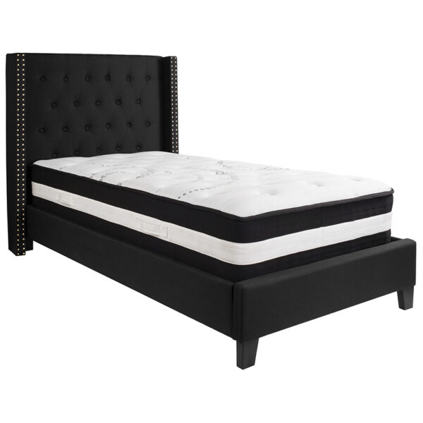 Lowest Price Riverdale Twin Size Tufted Upholstered Platform Bed in Black Fabric with Pocket Spring Mattress