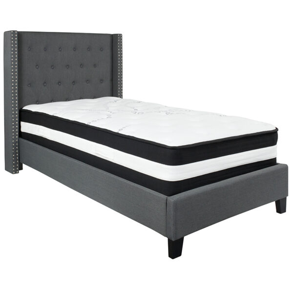 Lowest Price Riverdale Twin Size Tufted Upholstered Platform Bed in Dark Gray Fabric with Pocket Spring Mattress