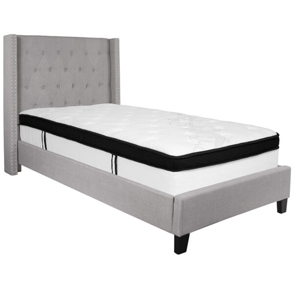 Lowest Price Riverdale Twin Size Tufted Upholstered Platform Bed in Light Gray Fabric with Memory Foam Mattress
