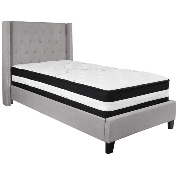 Lowest Price Riverdale Twin Size Tufted Upholstered Platform Bed in Light Gray Fabric with Pocket Spring Mattress