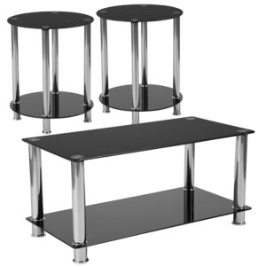 Wholesale Riverside Collection 3 Piece Coffee and End Table Set with Black Glass Tops and Stainless Steel Frames