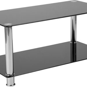 Wholesale Riverside Collection Black Glass Coffee Table with Shelves and Stainless Steel Frame