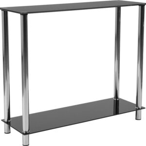 Wholesale Riverside Collection Black Glass Console Table with Shelves and Stainless Steel Frame