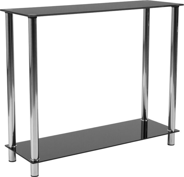 Wholesale Riverside Collection Black Glass Console Table with Shelves and Stainless Steel Frame